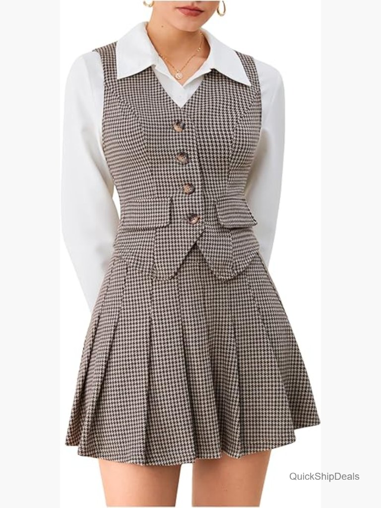 Plaid 2-Piece Skirt Set With Vest Blazer And Pleated Mini Skirt